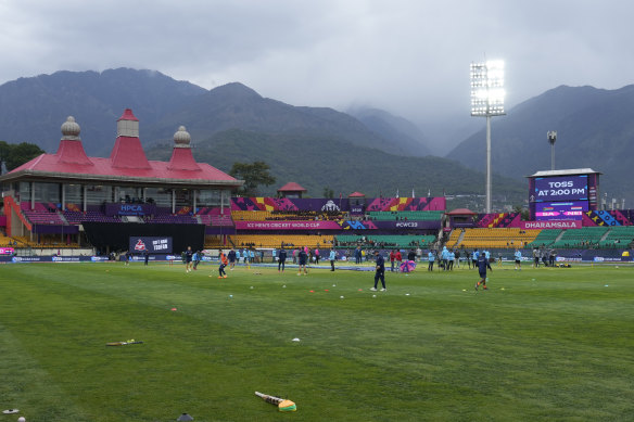 The outfield in Dharamshala is seen before last Tuesday’s South Africa versus Netherlands match.