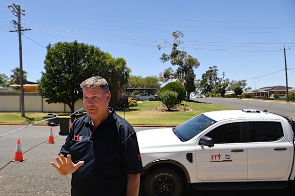 Rod Martin a member of the Plymouth Brethren Christin Church Rapid Relief Team arrives at the cordoned off crime scene on Bokhara Street in Lake Cargelligo where Sophie Quinn and John Harris were shot dead. 