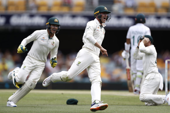 Marnus Labuschagne of Australia celebrates after claiming a catch off Muhammad Rizwan of Pakistan before it was reviewed and judged not out during day four of the Test between Australia and Pakistan at the Gabba. 