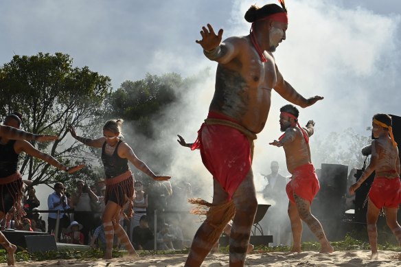Muggera dancers during the WugulOra Morning ceremony at the Walumil Lawns, Barangaroo Reserve.