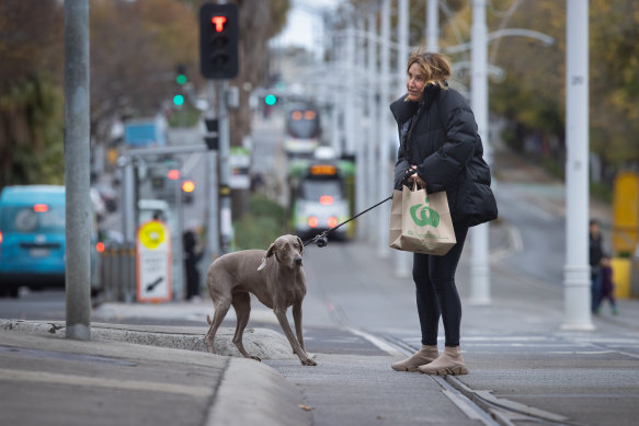 A woman and her dog cross the road on the corner of Fitzroy Street and Canterbury Road in St Kilda.