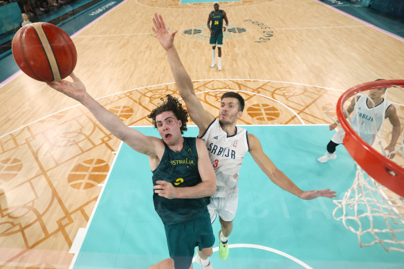 Australia’s Josh Giddey drives to the basket at Paris 2024.