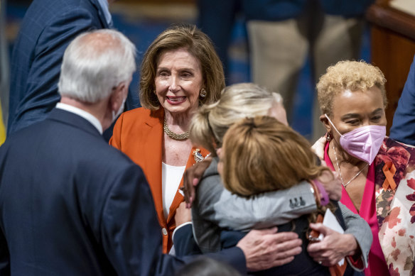 Speaker of the House Nancy Pelosi, greets Representative Mike Thompson, chairman of the House Gun Violence Prevention Task Force on Friday.