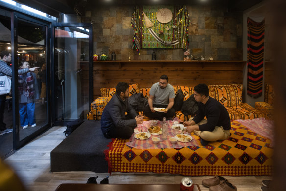 Ameen Almutawakel, Karan Bhatia and Mugdad Rassan break fast at Yemeni restaurant Mandina Kitchen on Lygon Street.