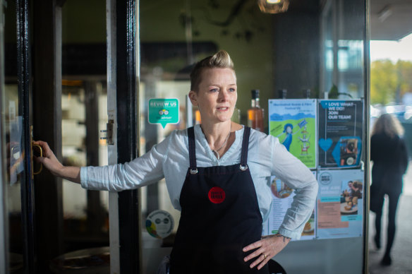 Grant St Grocer owner Lisa Harding outside her business. She is fighting for more banking services in her community. 