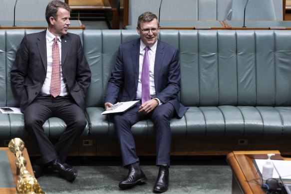 Alan Tudge and shadow immigration and citizenship minister Dan Tehan in parliament today.