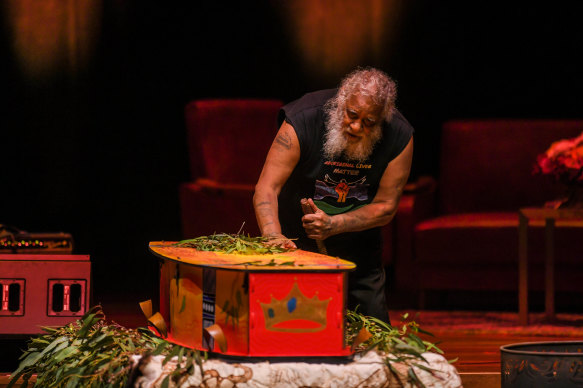 Uncle Howard Talgium “Choco” Edwards pays tribute to Uncle Jack Charles at the state funeral service at Melbourne’s Hamer Hall on Tuesday.

