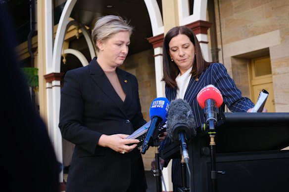 Queensland Child Safety Minister Amanda Camm and Attorney-General Deb Frecklington hold a media conference at parliament on Thursday morning.