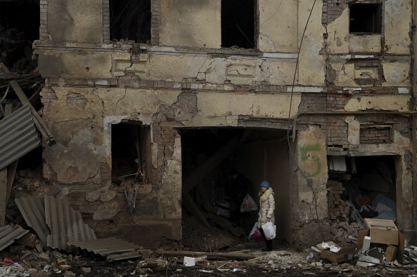 The ruins of an apartment building in Kharkiv. 