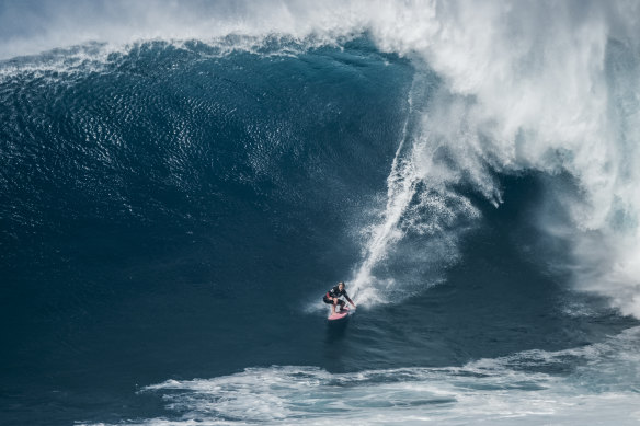 Felicity Palmateer on a monster at Jaws in Hawaii during the 2019 Big Wave Challenge.