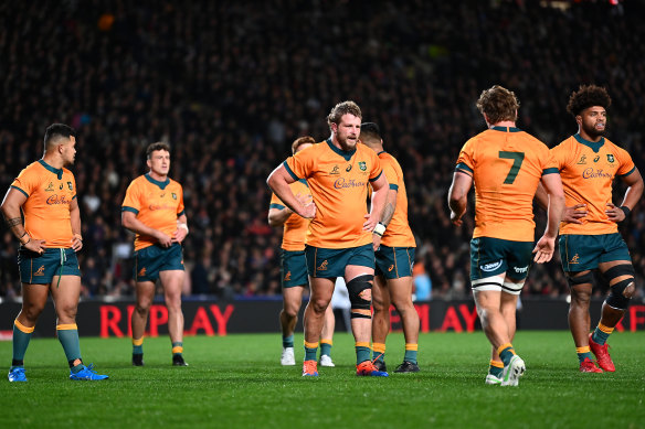 James Slipper (centre) and the Wallabies after last year’s loss to the All Blacks at Eden Park in Auckland.