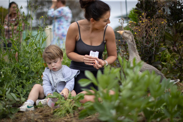 Teddy, 3, plays among the plants with his mum Ash Smith at Little Farmers playgroup in Boneo.