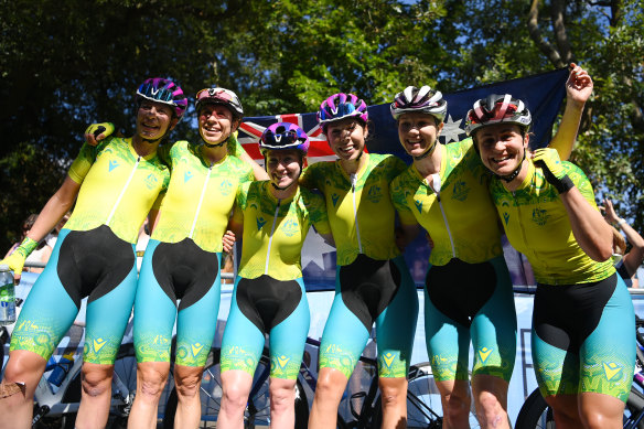 The Australian women’s road race team in Birmingham.