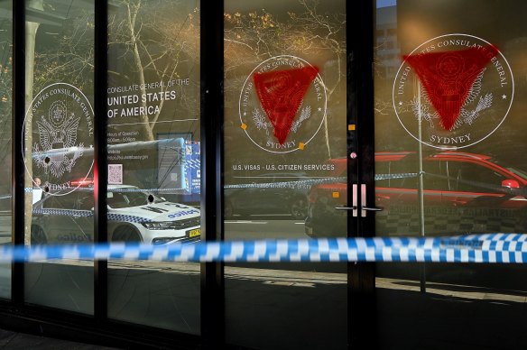 Windows were smashed and red inverted triangles painted on the US consulate building in Sydney this week.