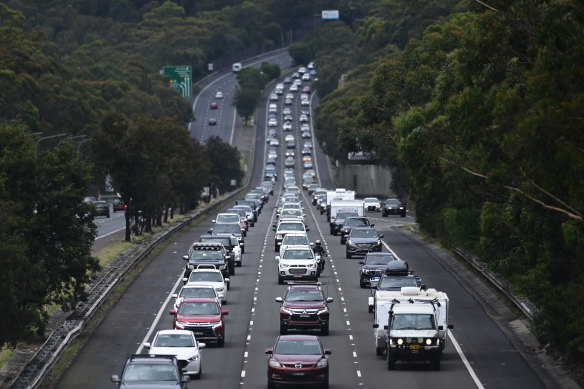 Traffic congestion on the M1 Pacific Motorway on Boxing Day 2020.