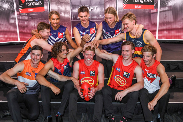 Top 10 of 2019: (back, left to right) Tom Green, Liam Henry, Caleb Serong, Hayden Young, Fischer McAsey, (front) Lachie Ash, Luke Jackson, Matt Rowell, Noah Anderson and Dylan Stephens. 