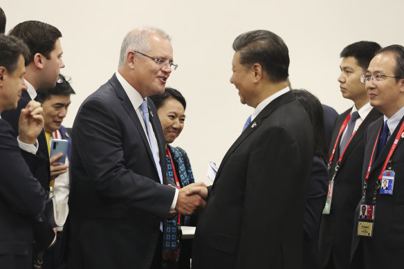 Prime Minister Scott Morrison and Chinese President Xi Jinping at the G20 in Osaka in June. 