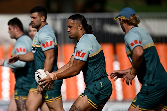 Keaon Koloamatangi goes through his paces at Kangaroos training this week.
