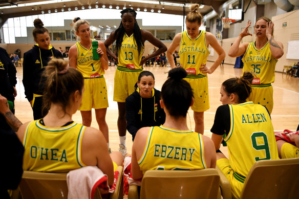 Straight shooter: Opals and WNBA coach Sandy Brondello, centre, talks to Australian national team players. 