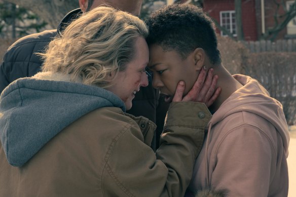 June (Elisabeth Moss), pictured with Moira (Samira Wiley), faces the consequences of killing Fred in the opening episode of The Handmaid Tale’s fifth season.