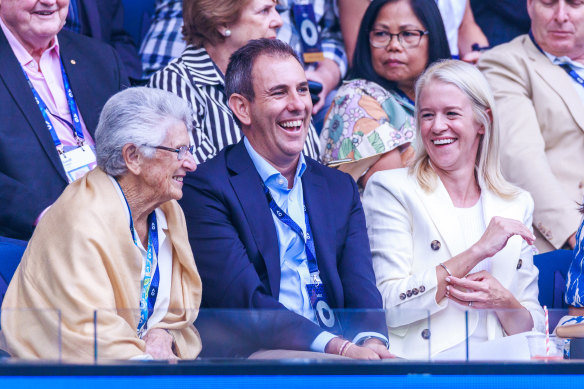 Treasurer Jim Chalmers started the week at the Australian Open men’s final on Sunday night with his wife Laura, right.