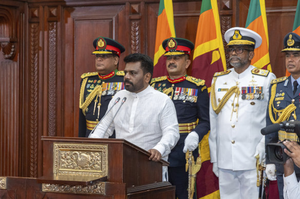 Breaking the mould: Commanders of the security forces stand behind as Sri Lanka’s new president Anura Kumara Dissanayake, addresses a gathering after he was sworn in at the Sri Lankan President’s Office.