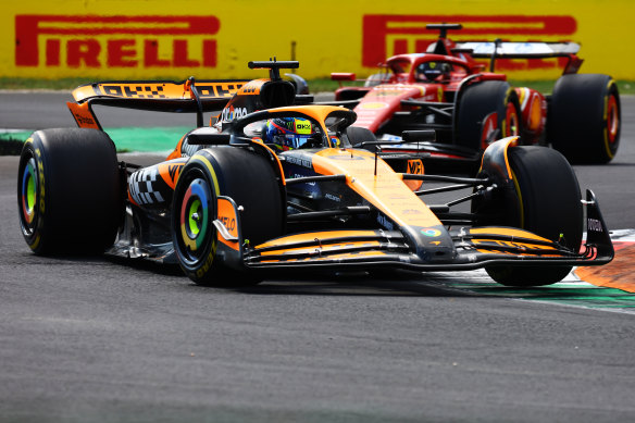 McLaren’s Oscar Piastri leads Ferrari’s Charles Leclerc during the Italian Formula 1 Grand Prix at Monza.