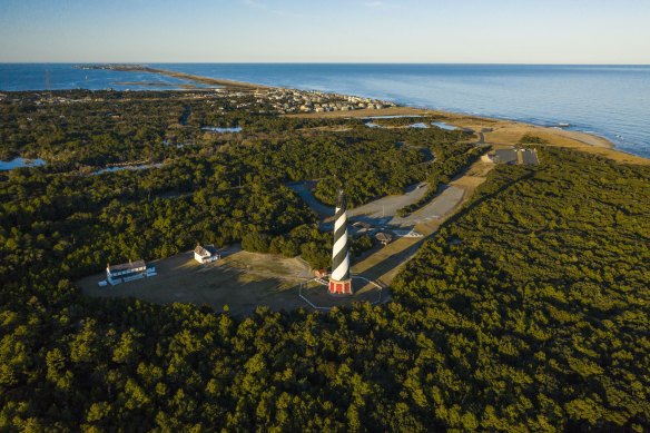 Drone view of Cape Hatteras Light lighthouse, Outer Banks in the town of Buxton, North Carolina.