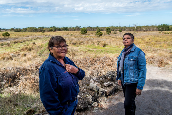 Deborah Cheetham (right), who composed an orchestral requiem for those lost in the Eumeralla War, with Gunditjmara elder Eileen Alberts at the Tyrendarra Indigenous Protected area, otherwise known as the Budj Bim fish traps.