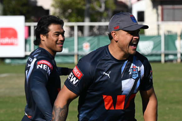 Latrell Mitchell fires up at NSW training.