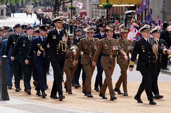 Australian military personnel join the procession to mark the 80th anniversary of VE Day in London.