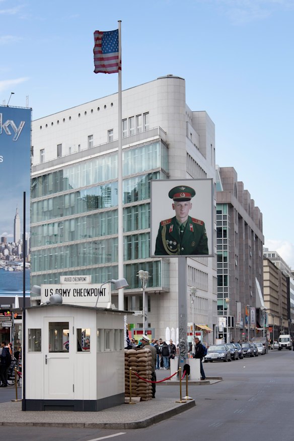 Checkpoint Charlie, once a famous crossing point on the border of West and East Berlin during the Cold War.