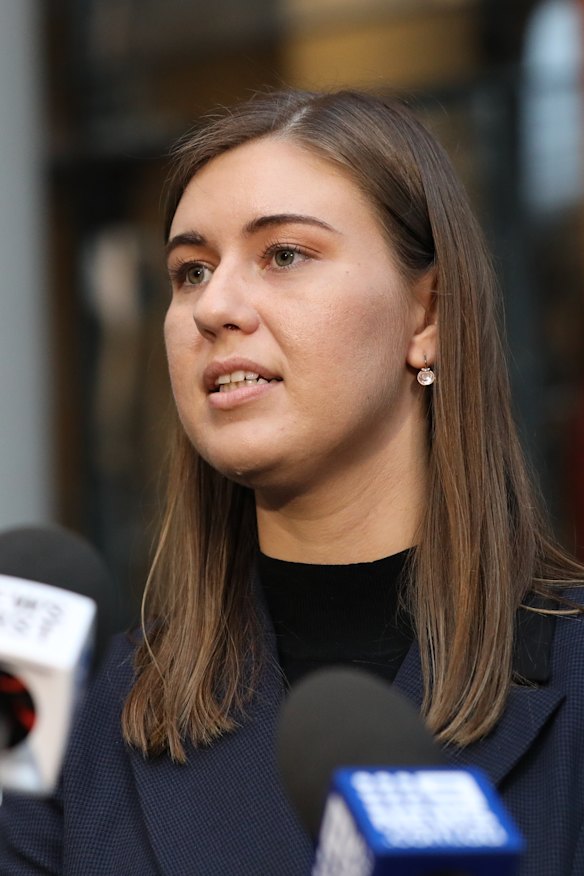 Brittany Higgins speaking to the media after meeting with Prime Minister Scott Morrison in April.