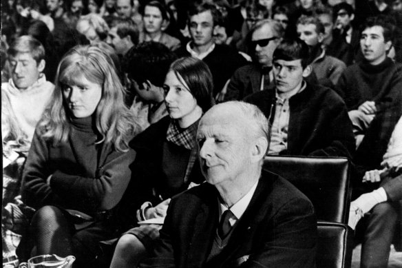 Sir Philip Baxter, Vice-Chancellor of the University of NSW, at a student debate on June 27, 1968.