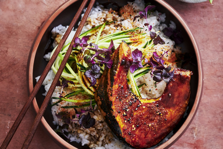 Rice bowls with sticky roasted pumpkin.