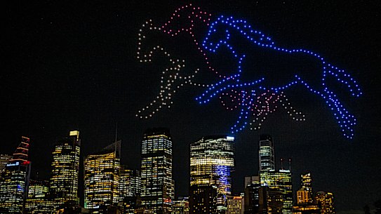 A drone display over Sydney Harbour shows the start of The Everest barrier draw.