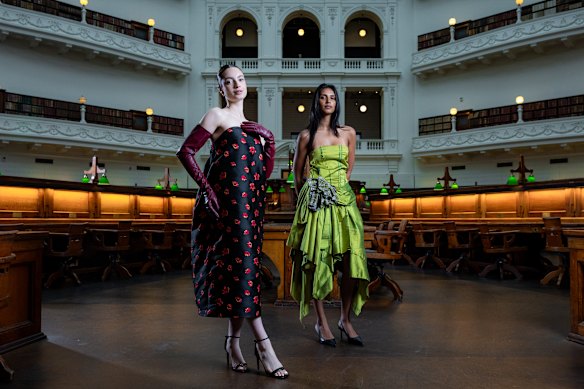Models wearing local designers Perple (left) and Gotham (right), who “reject AI perfectionism”.