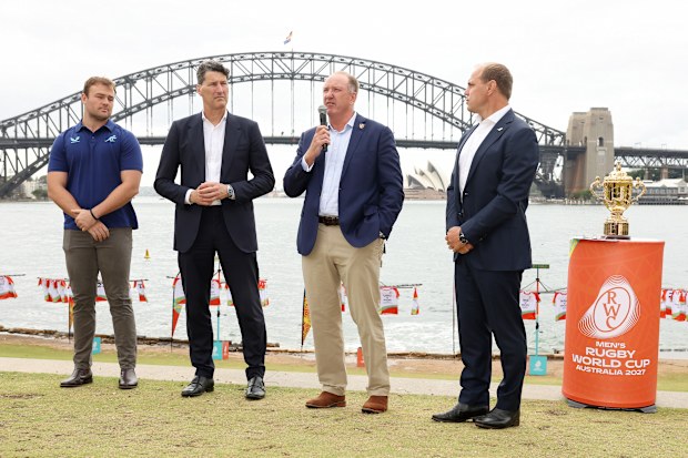 Wallabies captain Harry Wilson, RWC legend John Eales, World Rugby Chair Brett Robinson, and Rugby Australia CEO Phil Waugh at the 2027 Rugby World Cup fixture launch in Sydney.