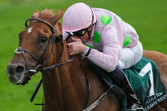 William Buick riding Vauban to win The Weatherbys Hamilton Lonsdale Cup Stakes at York Racecourse on August 23