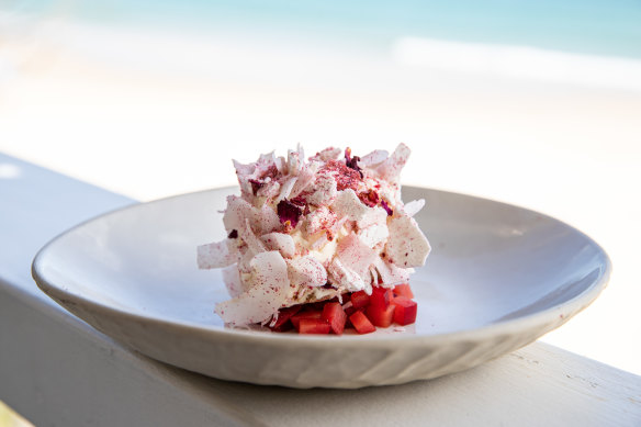 Strawberry gum lamington with Davidson plum jam from Beach Byron Bay.