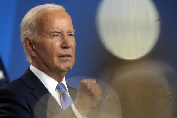 President Joe Biden speaks at a news conference on the final day of the NATO summit.