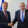 Donald Tusk, left, President of the European Council, and Boris Johnson, British Prime Minister, meet at the United Nations, Monday, Sept. 23, 2019, in New York. (Don Emmert/Pool Photo via AP)