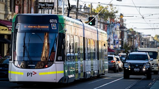 Trams on Brunswick Street, Fitzroy, are slowed down by vehicles - an issue found across the network. 