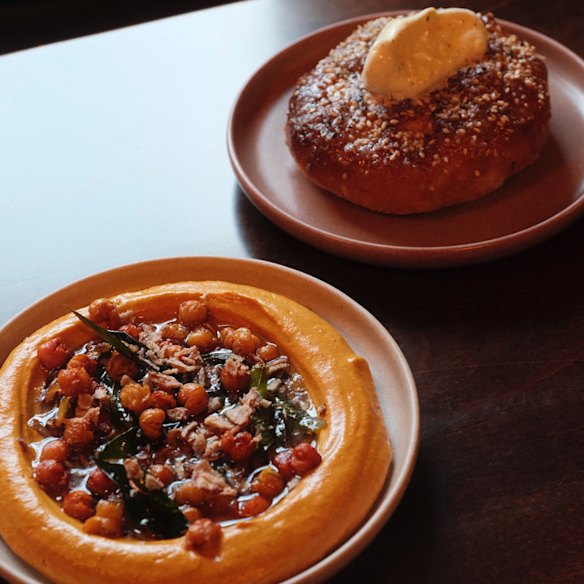 Bruno’s roast carrot dip with curry leaf butter and chickpeas.