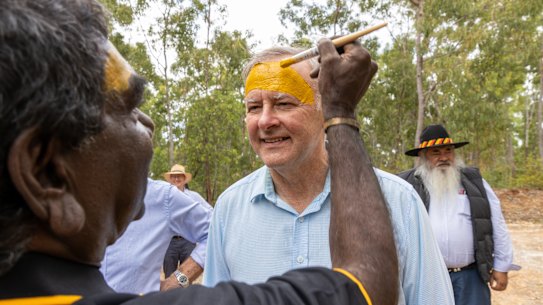 Prime Minister Anthony Albanese has his face painted during the Garma Festival at Gulkula in East Arnhem Land.
