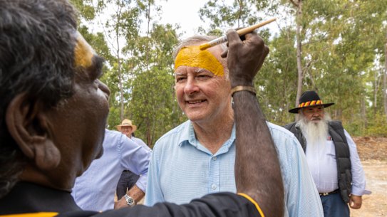 Prime Minister Anthony Albanese has his face painted during the Garma Festival at Gulkula in East Arnhem Land.