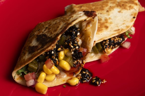 Cheese quesadilla with sweetcorn, pico de gallo and salsa macha.