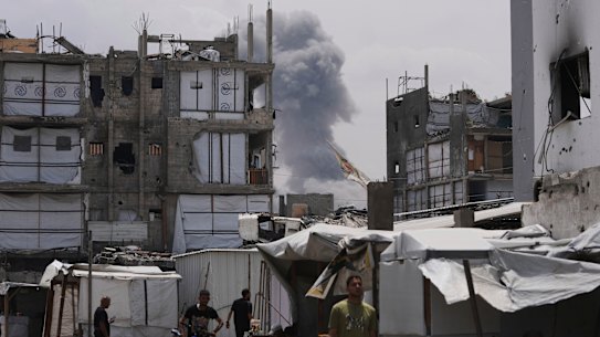 Smoke rises from an Israeli airstrike in Jabalia, northern Gaza Strip.