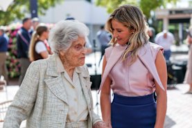 Michelle Payne with Lady Marigold Southey AC who funded her statue at Flemington Racecourse.