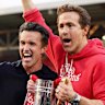 Rob McElhenney and Ryan Reynolds celebrate Wrexham’s latest promotion.